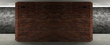 Boş oda eski tuğla duvarlar, büyük pencereler, karanlık bir odada, güneş ışığı ile. Odanın aydınlatma. 3D çizim