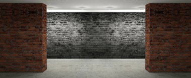 Boş oda eski tuğla duvarlar, büyük pencereler, karanlık bir odada, güneş ışığı ile. Odanın aydınlatma. 3D çizim