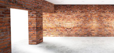 Boş oda eski tuğla duvarlar, büyük pencereler, karanlık bir odada, güneş ışığı ile. Odanın aydınlatma. 3D çizim