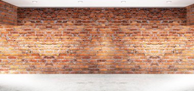 Boş oda eski tuğla duvarlar, büyük pencereler, karanlık bir odada, güneş ışığı ile. Odanın aydınlatma. 3D çizim