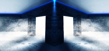 Boş oda eski tuğla duvarlar, büyük pencereler, karanlık bir odada, güneş ışığı ile. Odanın aydınlatma. 3D çizim