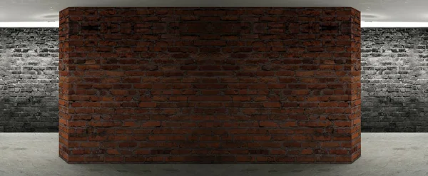 Boş oda eski tuğla duvarlar, büyük pencereler, karanlık bir odada, güneş ışığı ile. Odanın aydınlatma. 3D çizim