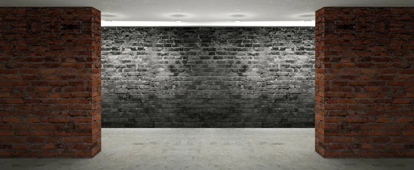 Boş oda eski tuğla duvarlar, büyük pencereler, karanlık bir odada, güneş ışığı ile. Odanın aydınlatma. 3D çizim