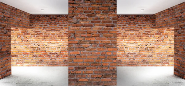 Boş oda eski tuğla duvarlar, büyük pencereler, karanlık bir odada, güneş ışığı ile. Odanın aydınlatma. 3D çizim