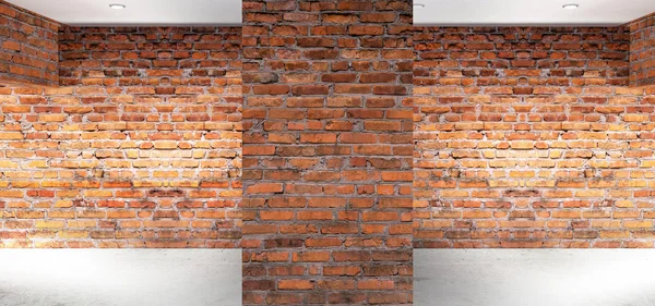 Boş oda eski tuğla duvarlar, büyük pencereler, karanlık bir odada, güneş ışığı ile. Odanın aydınlatma. 3D çizim