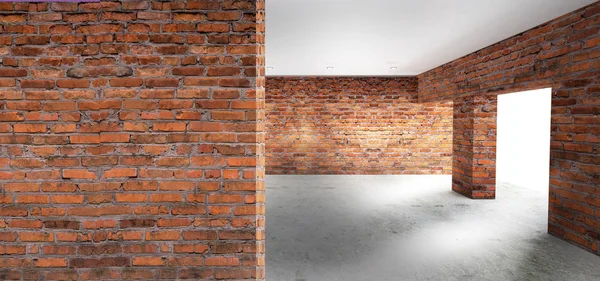 Boş oda eski tuğla duvarlar, büyük pencereler, karanlık bir odada, güneş ışığı ile. Odanın aydınlatma. 3D çizim