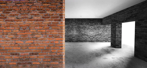 Boş oda eski tuğla duvarlar, büyük pencereler, karanlık bir odada, güneş ışığı ile. Odanın aydınlatma. 3D çizim