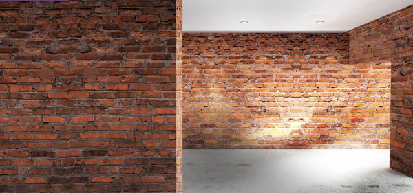 Boş oda eski tuğla duvarlar, büyük pencereler, karanlık bir odada, güneş ışığı ile. Odanın aydınlatma. 3D çizim