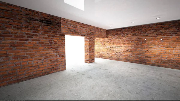 Boş oda eski tuğla duvarlar, büyük pencereler, karanlık bir odada, güneş ışığı ile. Odanın aydınlatma. 3D çizim