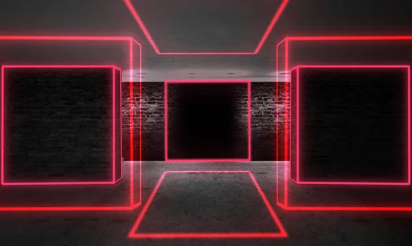 Neon Işık Ile Boş Bir Siyah Koridor Arka Plan Çizgileri — Stok fotoğraf