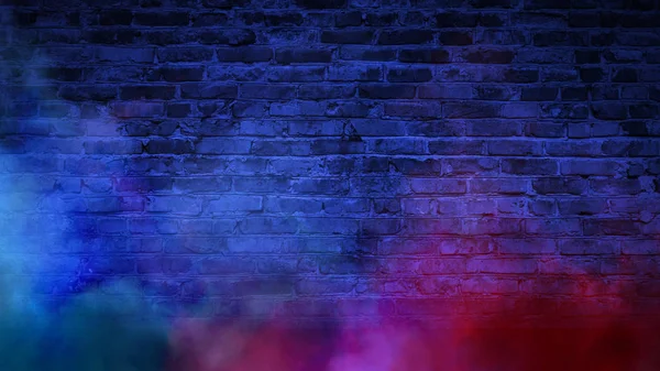 Brick wall, neon light, smoke. Empty dark background with smoke, multicolored smoke.