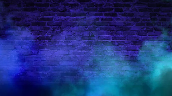 Кирпичная Стена Неоновый Свет Дым Пустой Темный Фон Дымом Разноцветный — стоковое фото