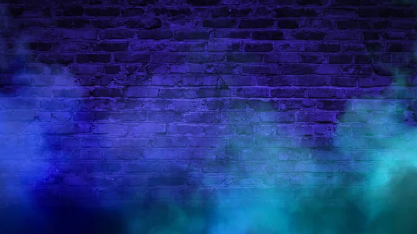 Brick wall, neon light, smoke. Empty dark background with smoke, multicolored smoke.