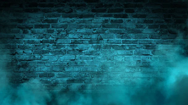 Bakstenen Muur Neon Light Rook Lege Donkere Achtergrond Met Rook — Stockfoto