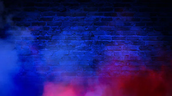 Brick wall, neon light, smoke. Empty dark background with smoke, multicolored smoke.