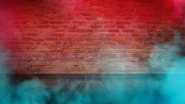 Brick wall, neon light, smoke. Empty dark background with smoke, multicolored smoke.