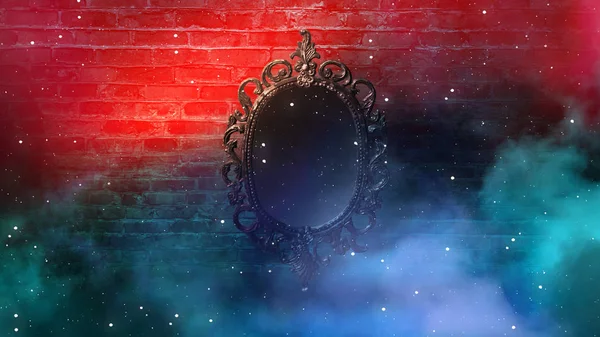 Mirror Magical Fortune Telling Fulfillment Desires Brick Wall Thick Smoke — Stock Photo, Image