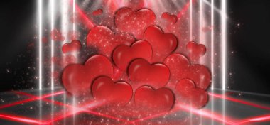 Sevgililer günü satış arka plan kalp ile kırmızı. St Valentine tatili için tebrik kartları veya kapakları için kırmızı romantik arka plan. Kalpler, ışıltılar, degradeler, neon ile şenlikli kırmızı arka plan 