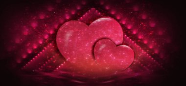 Sevgililer günü satış arka plan kalp ile kırmızı. St Valentine tatili için tebrik kartları veya kapakları için kırmızı romantik arka plan. Kalpler, ışıltılar, degradeler, neon ile şenlikli kırmızı arka plan 