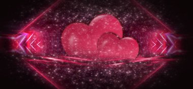 Sevgililer günü satış arka plan kalp ile kırmızı. St Valentine tatili için tebrik kartları veya kapakları için kırmızı romantik arka plan. Kalpler, ışıltılar, degradeler, neon ile şenlikli kırmızı arka plan 