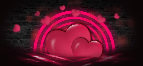 バレンタインの日販売の背景が心で顔が真っ赤 グリーティング カードやバレンタインの休日のためのカバーの赤のロマンチックな背景 お祝いの赤の背景に輝き グラデーション ネオンの心 — ストック写真