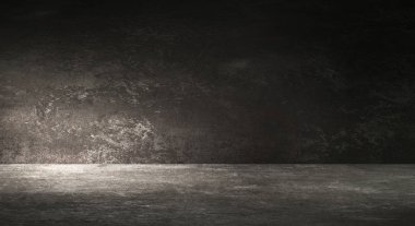 Boş siyah stüdyo oda. Koyu arka plan. Karanlık boş Stüdyo Oda doku soyut. Ürün Vitrini Spot arka plan. Karanlık Studio Galerisi