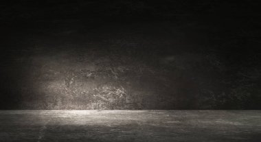 Boş siyah stüdyo oda. Koyu arka plan. Karanlık boş Stüdyo Oda doku soyut. Ürün Vitrini Spot arka plan. Karanlık Studio Galerisi