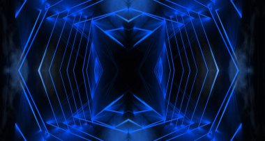 Işınlar ve çizgiler ile soyut mavi neon arka plan.