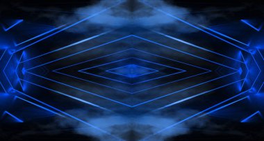 Işınlar ve çizgiler ile soyut mavi neon arka plan.