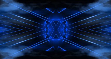 Işınlar ve çizgiler ile soyut mavi neon arka plan.