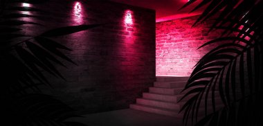 Neon çizgiler ivedi ve ışınları ile arka plan duvarı. Neon ışıklı arka plan koyu koridor. Çizgiler ve parıltı ile soyut arka plan. Isliç asfalt, neon duman.