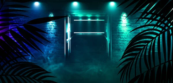 Background Dark Room Tunnel Corridor Neon Light Lamps Tropical Leaves — Stock Photo, Image