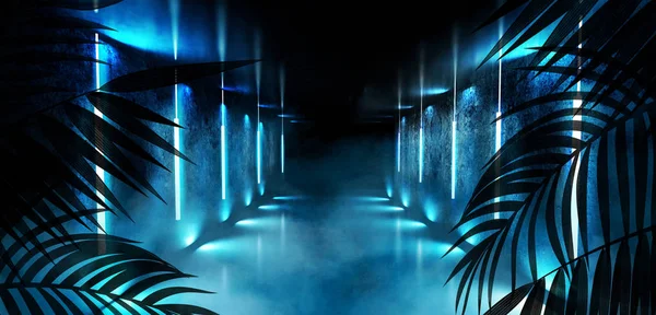 Фон Темної Кімнати Тунелю Коридору Неонового Світла Ламп Тропічних Листя — стокове фото