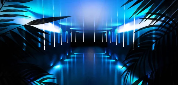 Bakgrund Det Mörka Rummet Tunneln Korridoren Neonljus Lampor Tropiska Löv — Stockfoto