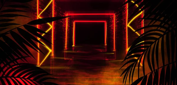 Háttere Sötét Szoba Alagút Folyosó Neonfény Lámpák Trópusi Leveleket Absztrakt — Stock Fotó