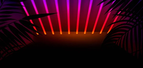 ネオンラインと光線を持つ背景壁 ネオンライトを持つ背景暗い廊下 線と輝きを持つ抽象的な背景 湿ったアスファルト ネオンの煙 — ストック写真