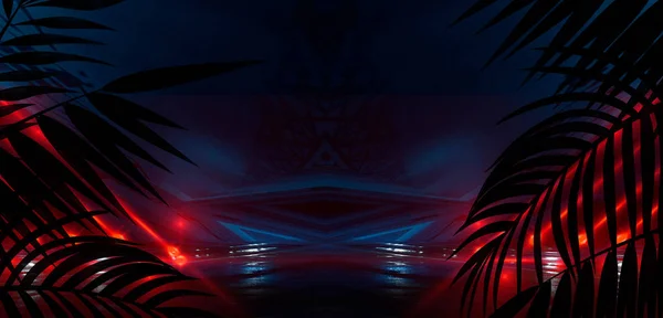 Dark street with neon lights and spotlights. Abstract rays and lines of light in the dark. Light pyramid, a triangle in the center. Reflection in the wet pavement of city lights.  tropical leaves.