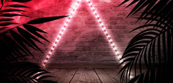 Tło Jest Pustym Korytarzem Tropikalne Liście Ciemnym Pomieszczeniu Neon Światła — Zdjęcie stockowe