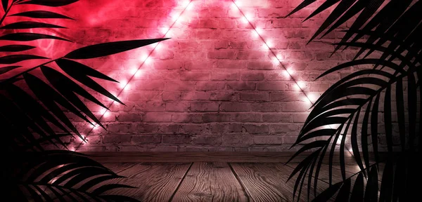 Háttér Egy Üres Folyosó Trópusi Levelek Egy Sötét Szobában Neon — Stock Fotó