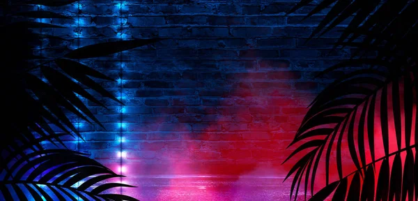 Bakgrunden Tom Korridor Tropiska Löv Ett Mörkt Rum Neonljus Rök — Stockfoto