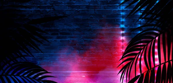 Tło Jest Pustym Korytarzem Tropikalne Liście Ciemnym Pomieszczeniu Neon Światła — Zdjęcie stockowe