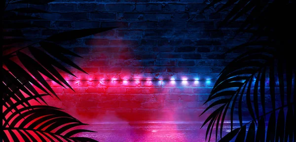 Háttere Sötét Szoba Alagút Folyosó Neonfény Lámpák Trópusi Leveleket Absztrakt — Stock Fotó