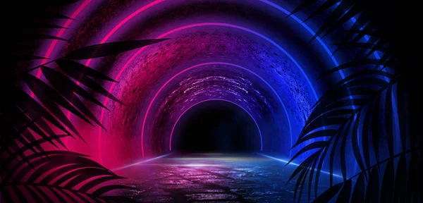 Karanlık Odanın Arka Planı Tünel Koridor Neon Işığı Lambalar Tropikal — Stok fotoğraf