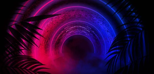 Neon, empty stage, wall, background with bright lighting, night city, night view. Tropical leaves. 