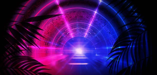 Neon, empty stage, wall, background with bright lighting, night city, night view. Tropical leaves. 