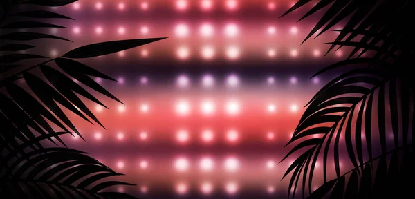ネオン 空のステージ 明るい照明付きの背景 夜の街 熱帯の葉 — ストック写真