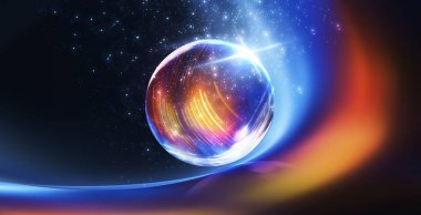 Cam top, neon ışıkların yansıması, ışınları, parlama. Soyut neon arka plan. Gece şehrinin ışıkları. Sihirli cam top, parıltılar.