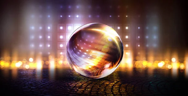 Glass ball, reflection of neon lights, rays, glare. Abstract neon background. The lights of the night city. Magic glass ball, sparkles.