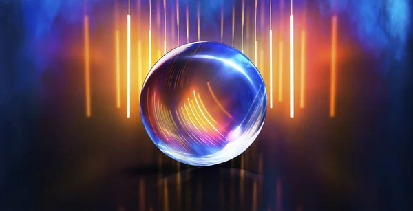 Glass ball, reflection of neon lights, rays, glare. Abstract neon background. The lights of the night city. Magic glass ball, sparkles.