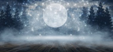 Soyut karanlık boş sahne. Soyut gece manzarası. Neon mavi ışık, ağaç siluetleri, suda yansıma, ay ışığı. Sisli orman, karanlık, duman, sis. Gece görünümü.